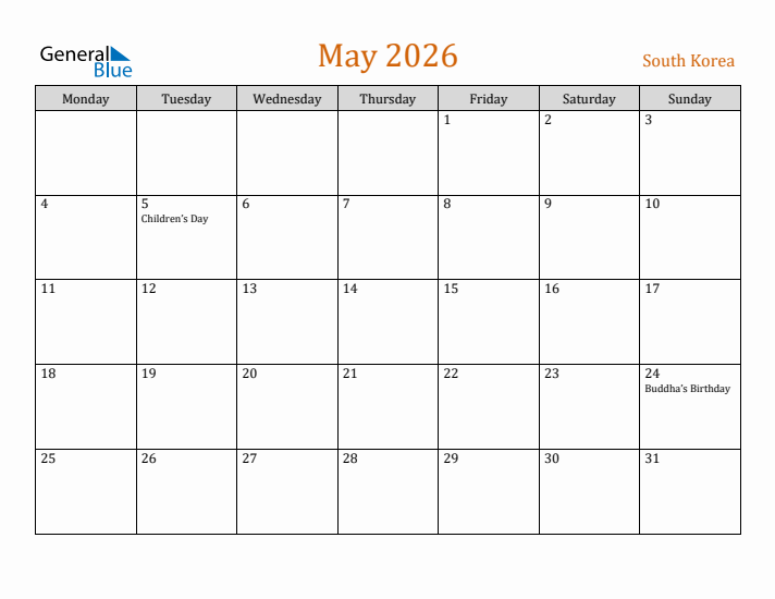 May 2026 Holiday Calendar with Monday Start