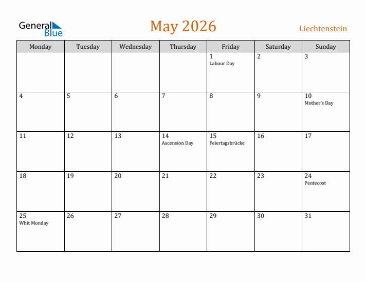 May 2026 Holiday Calendar with Monday Start