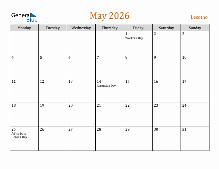 May 2026 Holiday Calendar with Monday Start