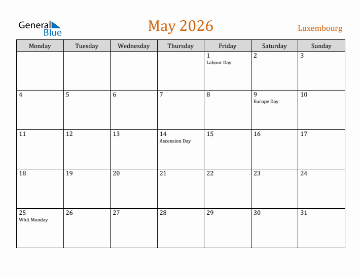 May 2026 Holiday Calendar with Monday Start