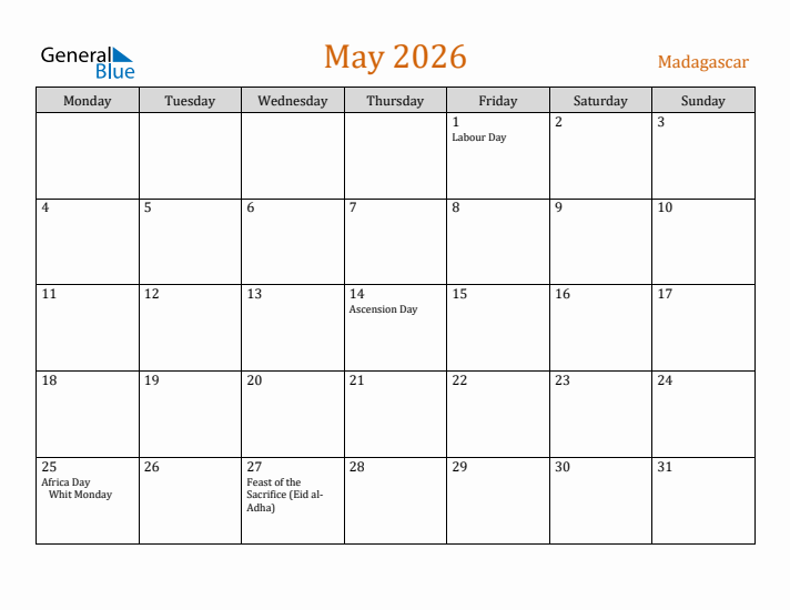 May 2026 Holiday Calendar with Monday Start