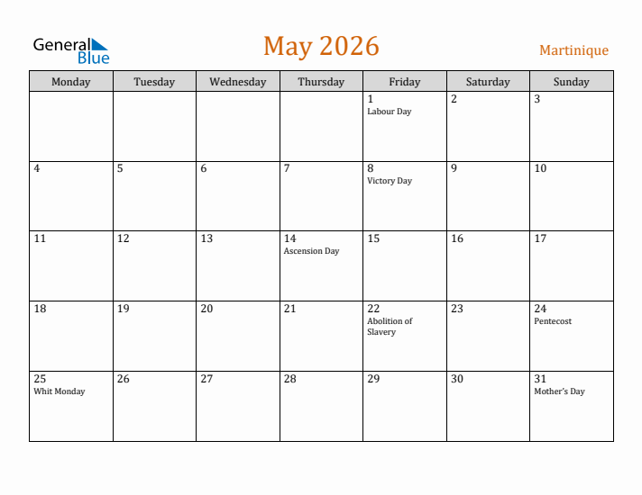 May 2026 Holiday Calendar with Monday Start