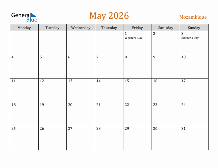 May 2026 Holiday Calendar with Monday Start