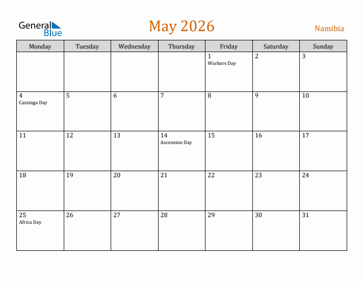 May 2026 Holiday Calendar with Monday Start