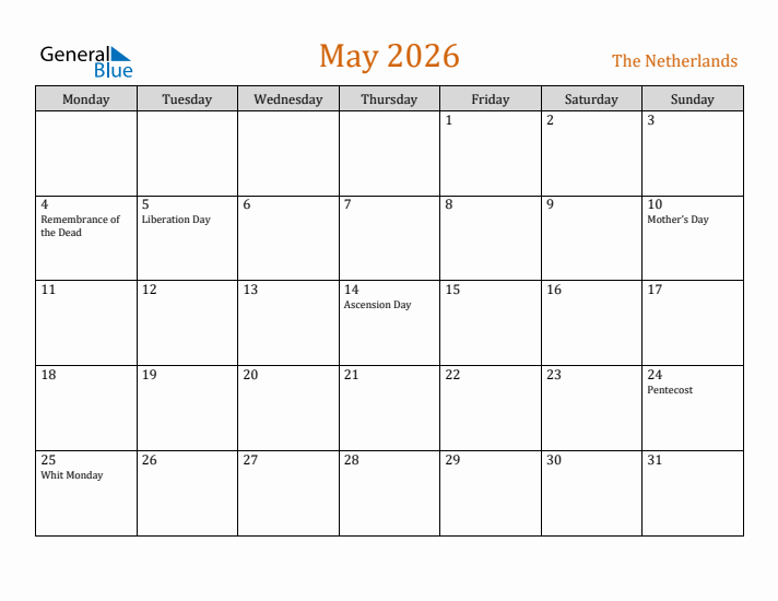 May 2026 Holiday Calendar with Monday Start