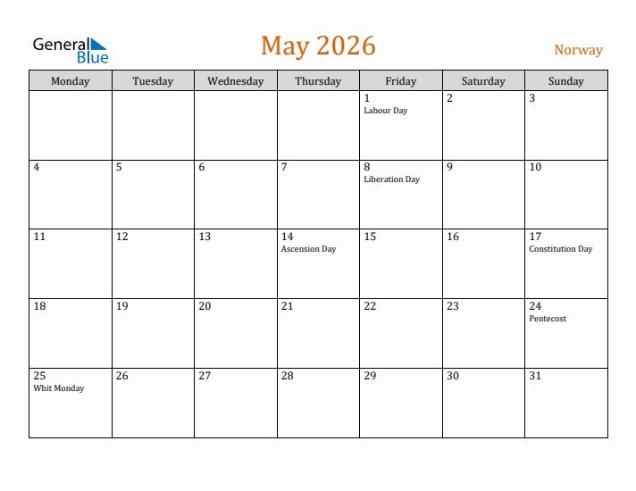 May 2026 Holiday Calendar with Monday Start