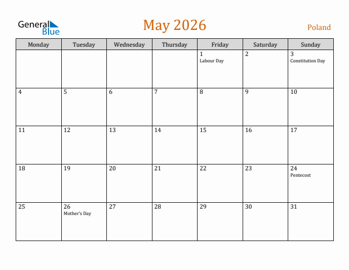 May 2026 Holiday Calendar with Monday Start