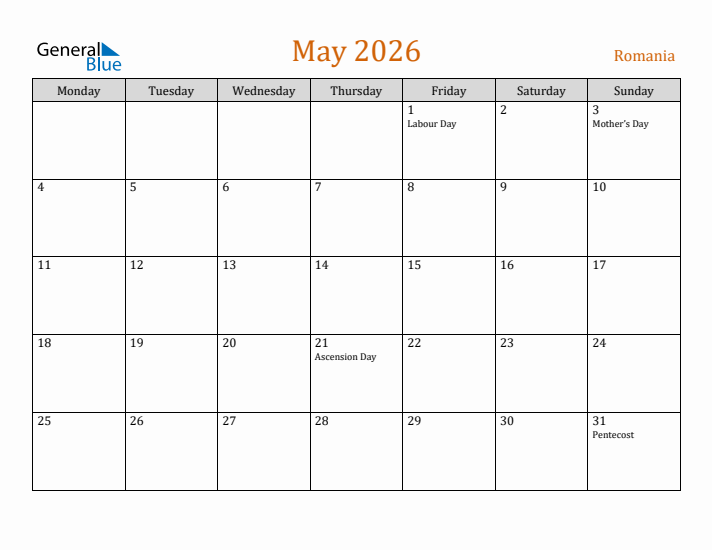 May 2026 Holiday Calendar with Monday Start