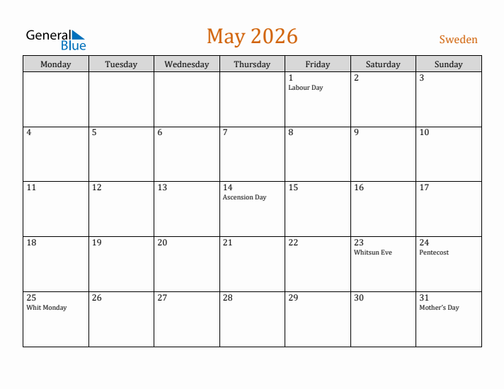 May 2026 Holiday Calendar with Monday Start