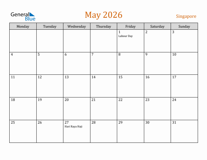 May 2026 Holiday Calendar with Monday Start