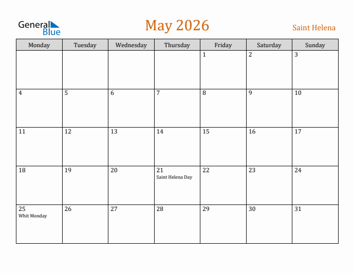 May 2026 Holiday Calendar with Monday Start