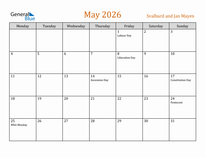 May 2026 Holiday Calendar with Monday Start