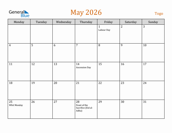 May 2026 Holiday Calendar with Monday Start