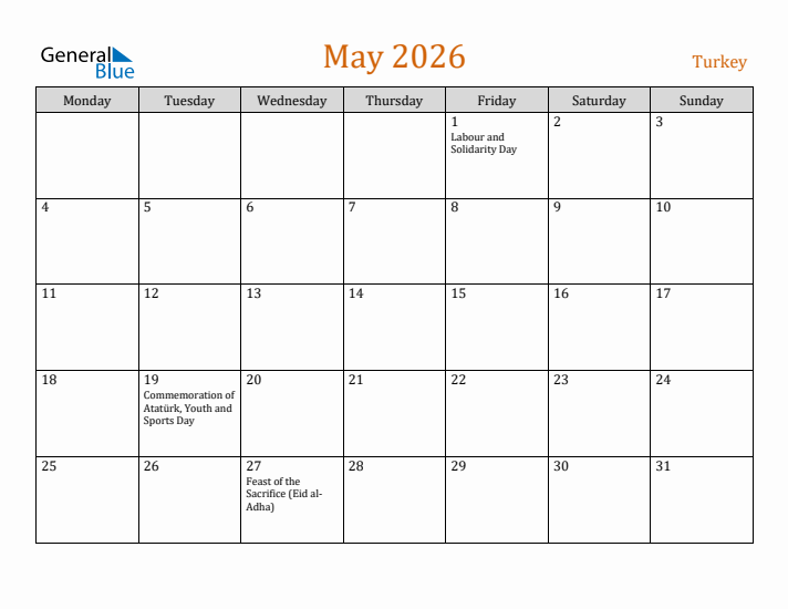 May 2026 Holiday Calendar with Monday Start