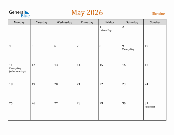 May 2026 Holiday Calendar with Monday Start