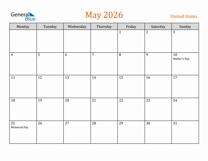 May 2026 Holiday Calendar with Monday Start