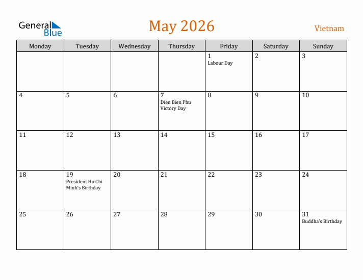 May 2026 Holiday Calendar with Monday Start