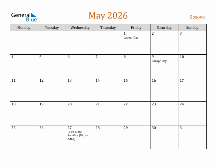 May 2026 Holiday Calendar with Monday Start