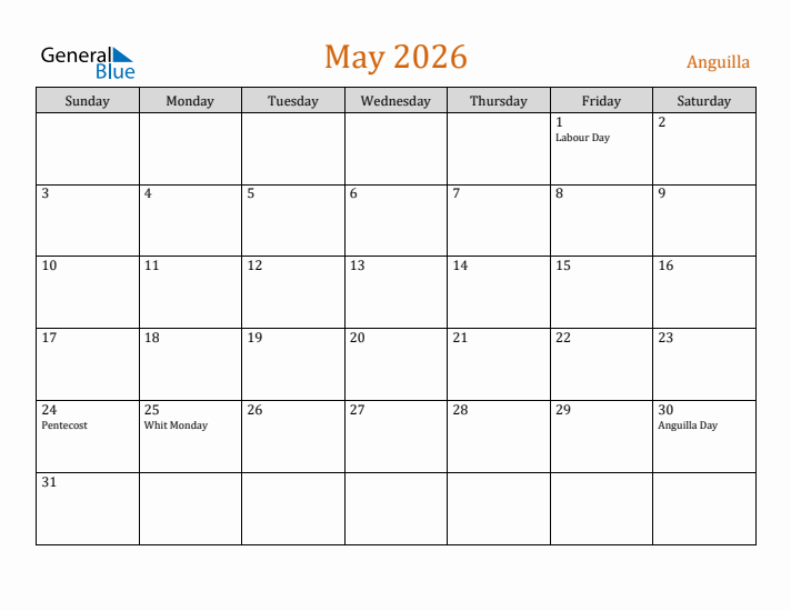 May 2026 Holiday Calendar with Sunday Start