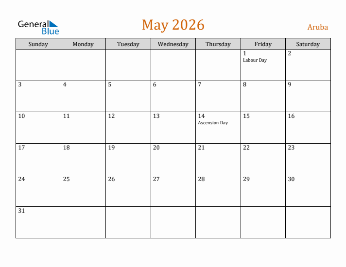 May 2026 Holiday Calendar with Sunday Start