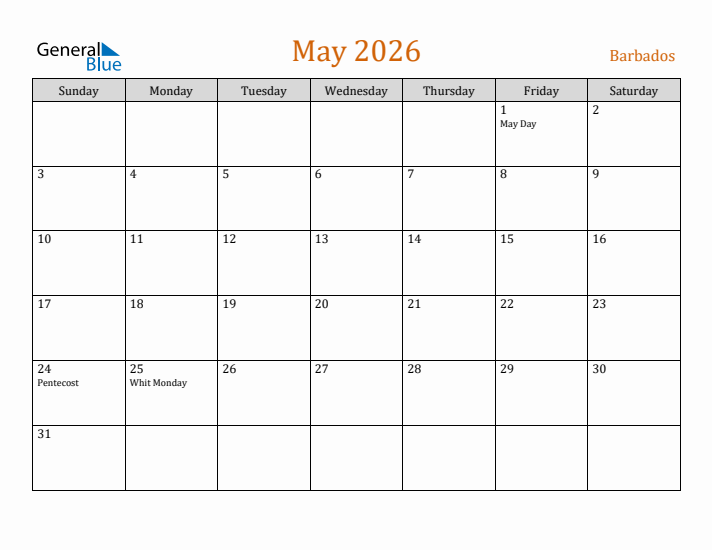 May 2026 Holiday Calendar with Sunday Start