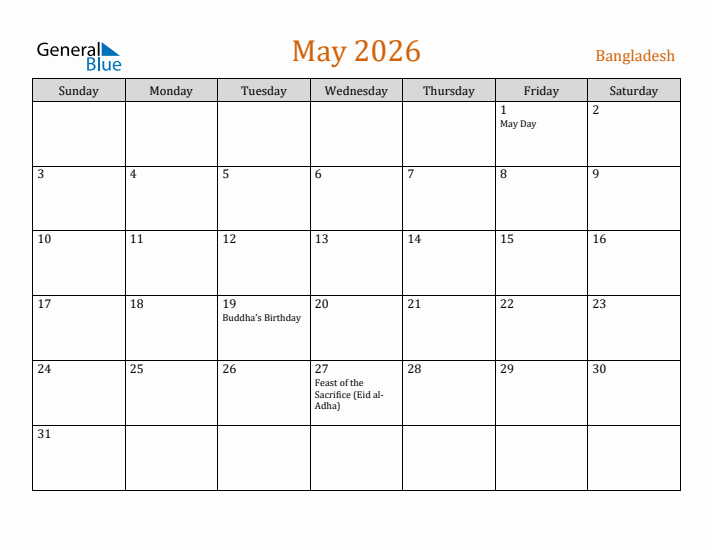 May 2026 Holiday Calendar with Sunday Start