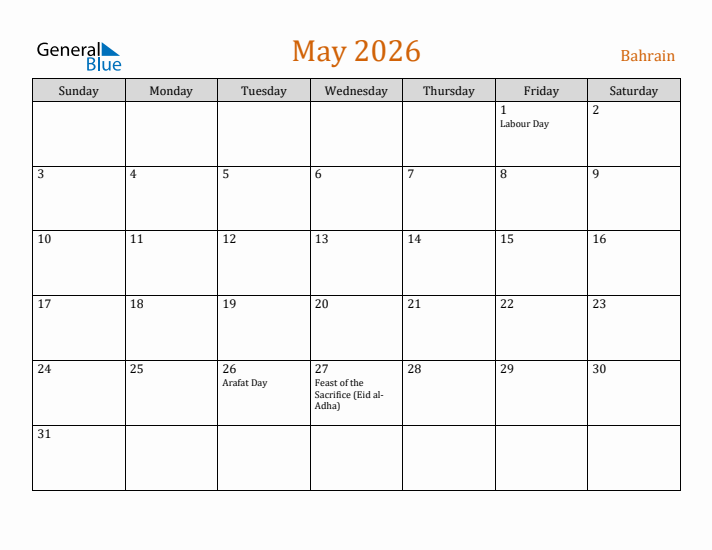 May 2026 Holiday Calendar with Sunday Start