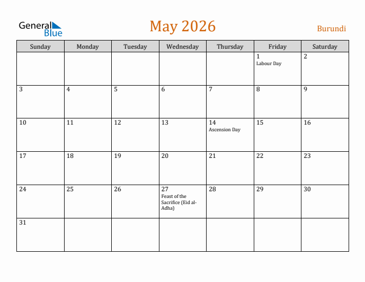 May 2026 Holiday Calendar with Sunday Start