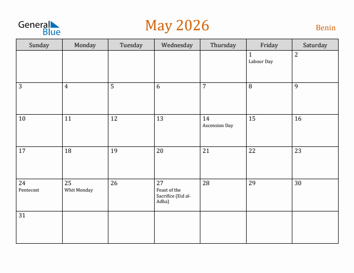 May 2026 Holiday Calendar with Sunday Start