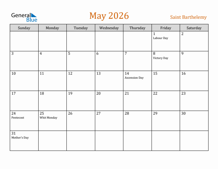 May 2026 Holiday Calendar with Sunday Start