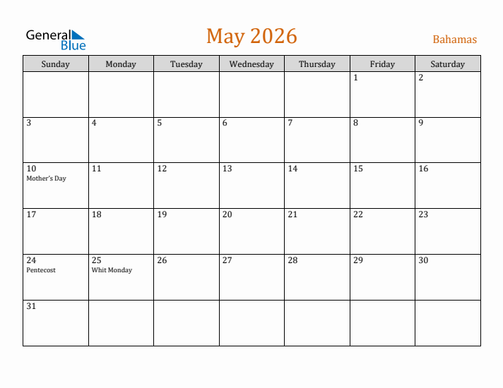 May 2026 Holiday Calendar with Sunday Start