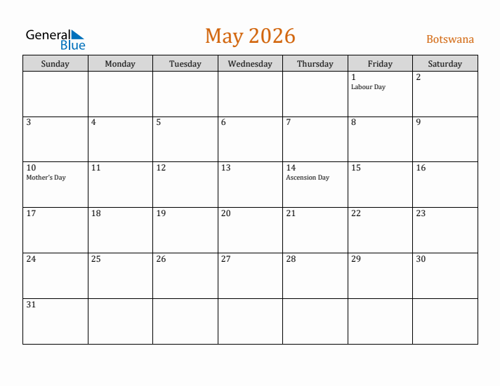 May 2026 Holiday Calendar with Sunday Start