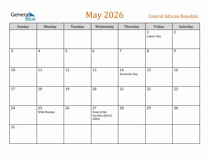 May 2026 Holiday Calendar with Sunday Start