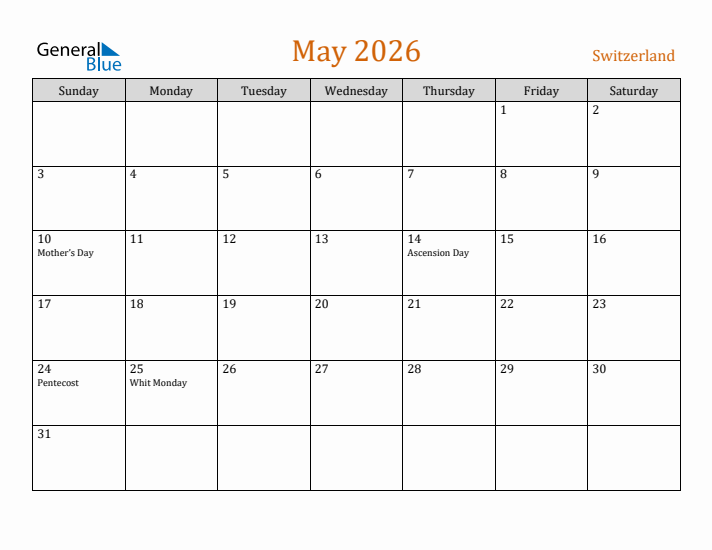 May 2026 Holiday Calendar with Sunday Start