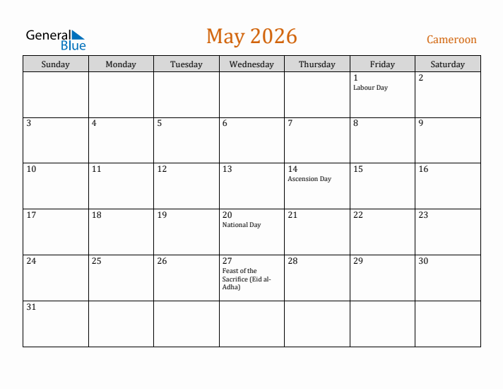 May 2026 Holiday Calendar with Sunday Start