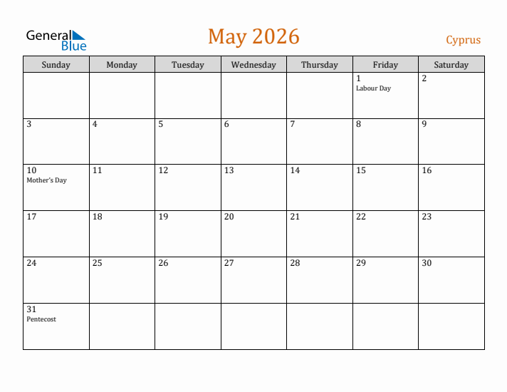 May 2026 Holiday Calendar with Sunday Start