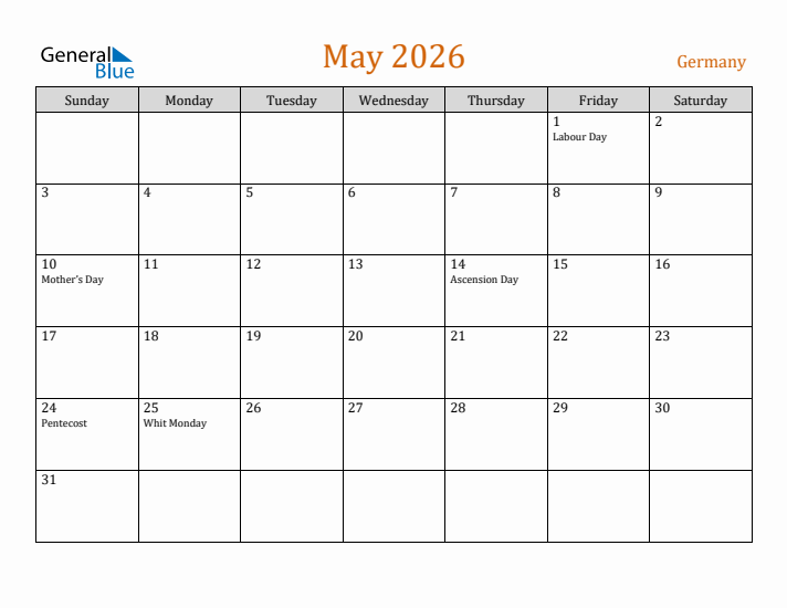 May 2026 Holiday Calendar with Sunday Start