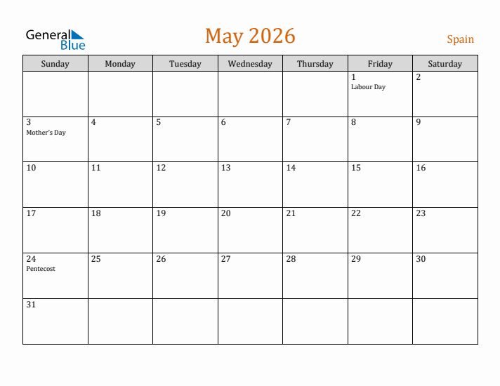 May 2026 Holiday Calendar with Sunday Start