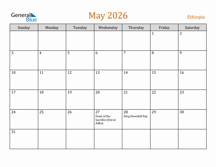 May 2026 Holiday Calendar with Sunday Start