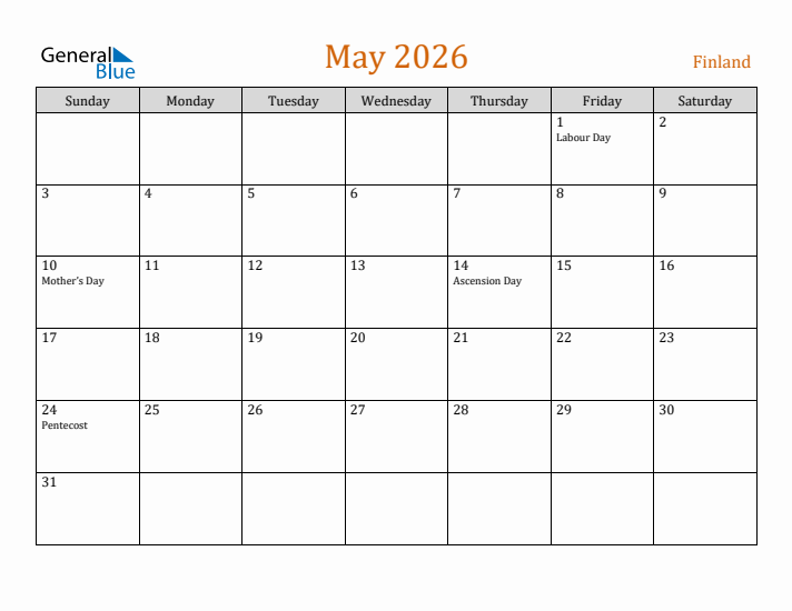 May 2026 Holiday Calendar with Sunday Start