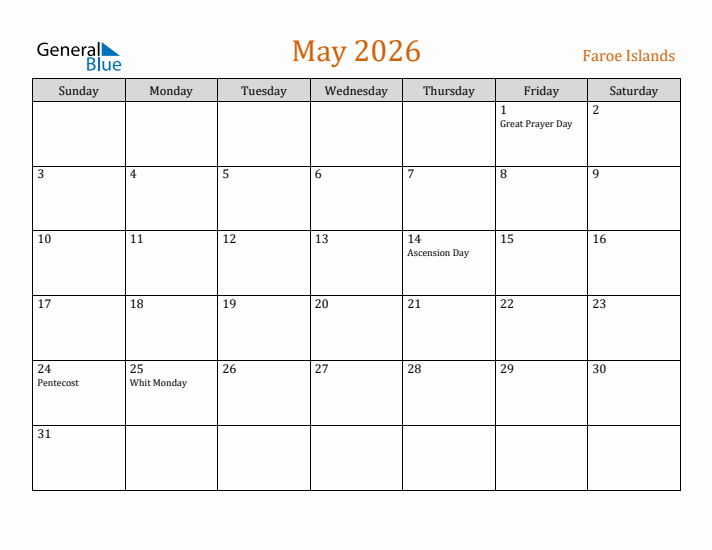 May 2026 Holiday Calendar with Sunday Start