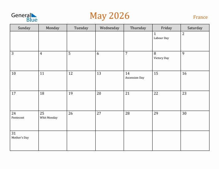 May 2026 Holiday Calendar with Sunday Start