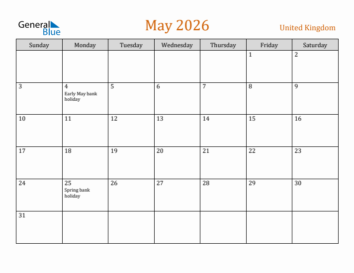 May 2026 Holiday Calendar with Sunday Start