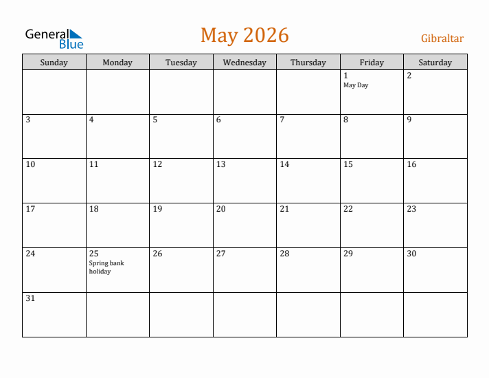 May 2026 Holiday Calendar with Sunday Start