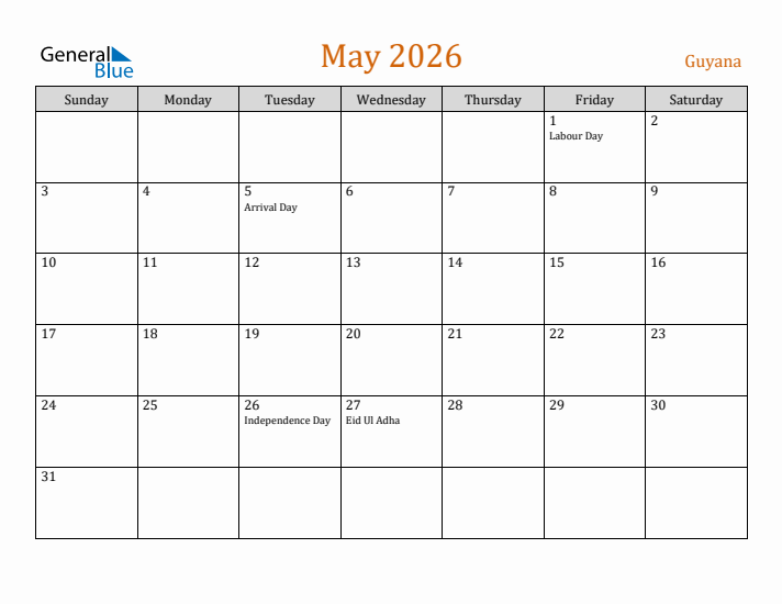 May 2026 Holiday Calendar with Sunday Start