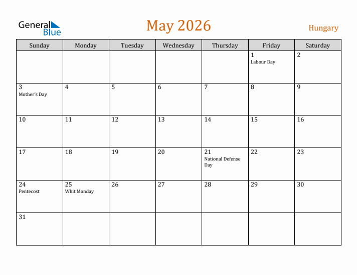 May 2026 Holiday Calendar with Sunday Start