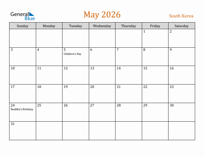 May 2026 Holiday Calendar with Sunday Start