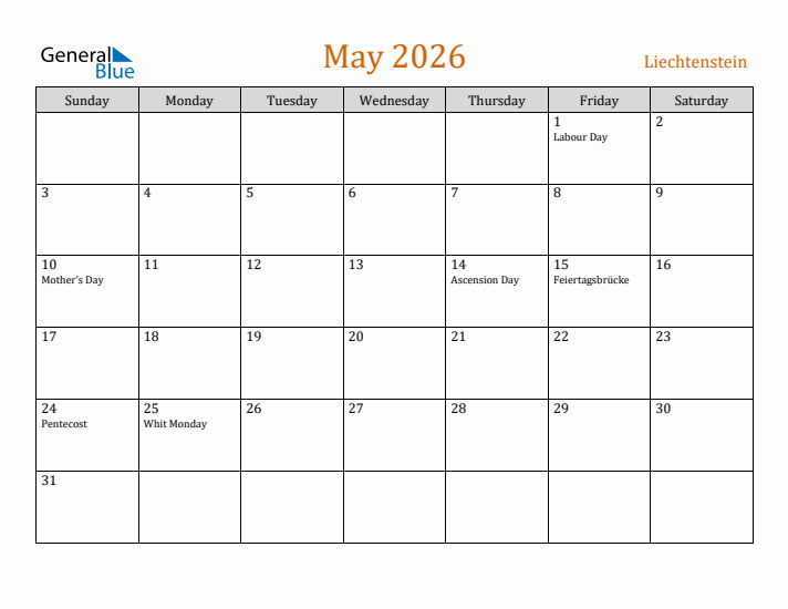 May 2026 Holiday Calendar with Sunday Start