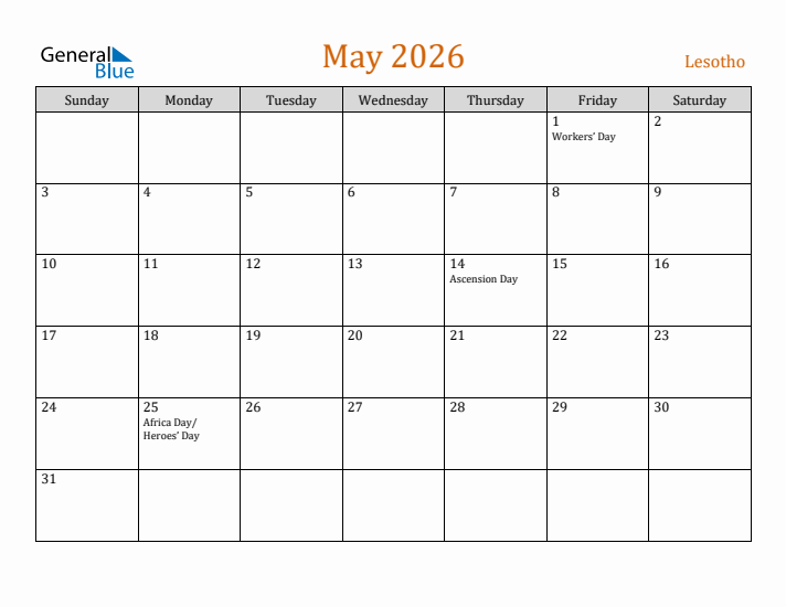 May 2026 Holiday Calendar with Sunday Start