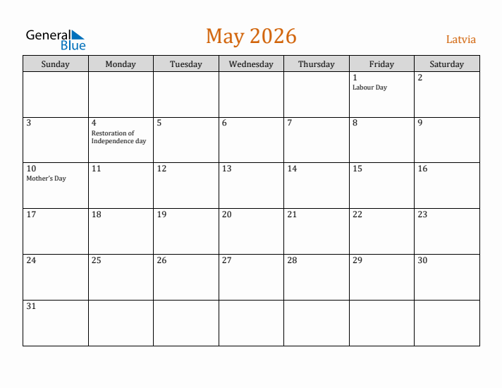 May 2026 Holiday Calendar with Sunday Start